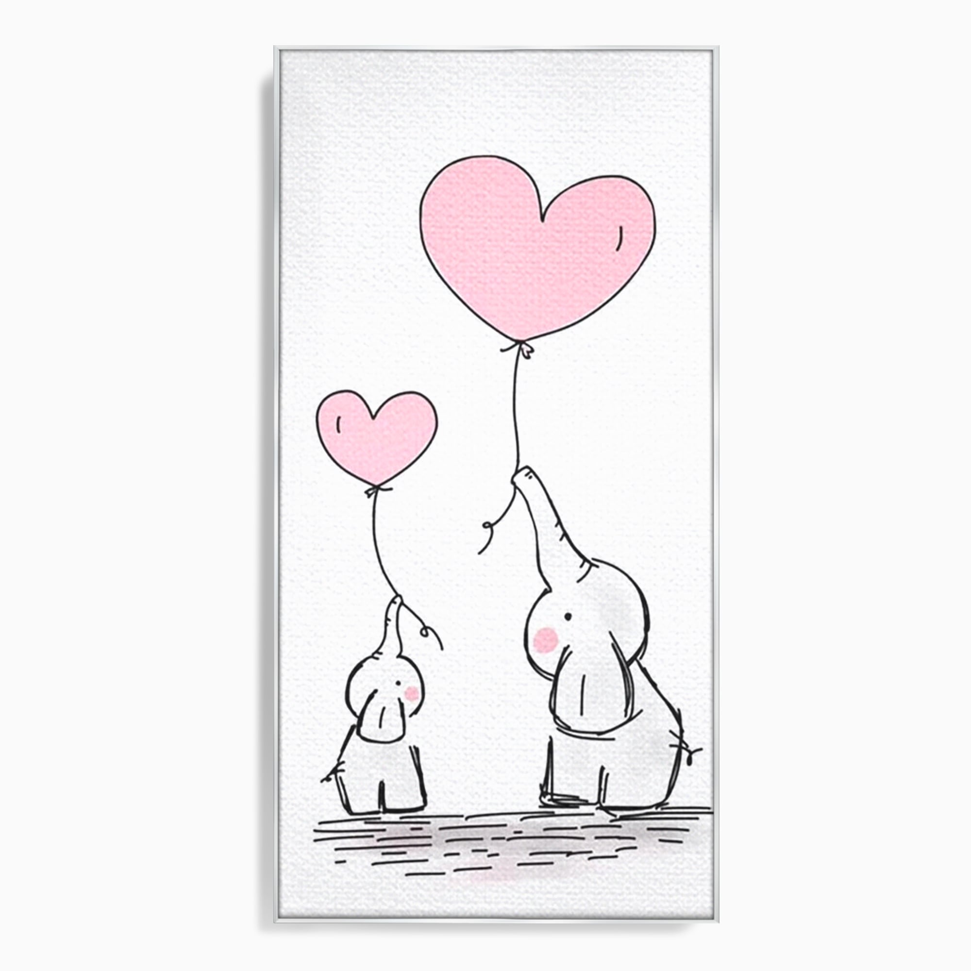 Tablou canvas cu ilustratie cu elefanti si baloane, in rama de aluminiu argintiu